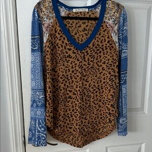 We The Free Leopard Print V-Neck Top with Blue Patterned Sleeves